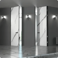 Межкомнатные каркасно-щитовые двери с отделкой под мрамор в современном интерьере с подсветкой.