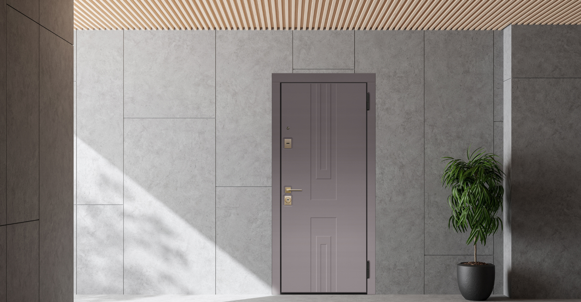 Входная дверь в квартиру со светлым покрытием, стильным глазком и фурнитурой в золотом оттенке.