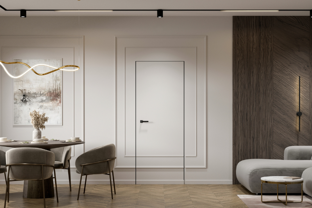 Межкомнатная дверь под покраску, установленная в светлом современном интерьере с декоративными молдингами.