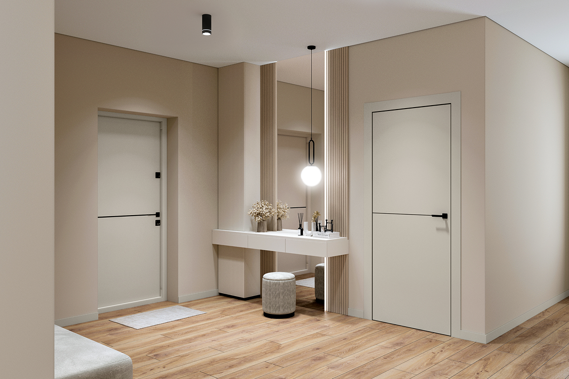 Входная и межкомнатная двери в одном стиле с чёрной фурнитурой в светлом интерьере.