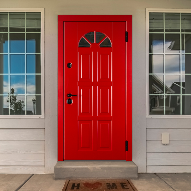 Красная входная дверь с окном по индивидуальному заказу - Стальная линия