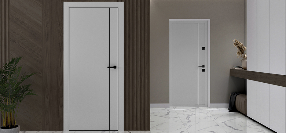 Белые входные двери в современном интерьере с мраморным полом и деревянными панелями.