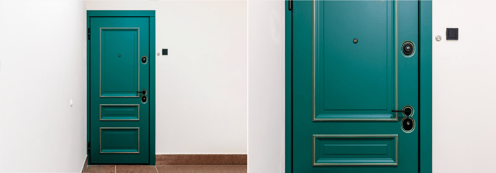 Входные двери зеленые с классическим дизайном и стильной фурнитурой на фоне светлых стен.