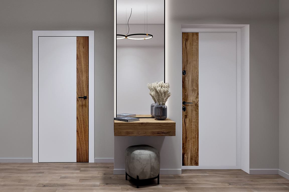 Входная и межкомнатная дверь в одном стиле — единое оформление белого цвета с деревянными панелями.