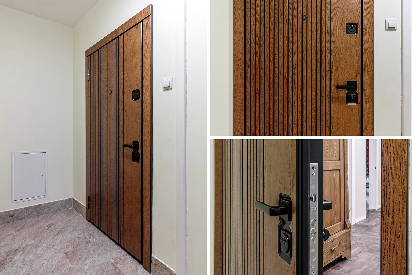 Металлические двери в квартиру с вертикальными линиями, глазком и и надежной запорной системой.