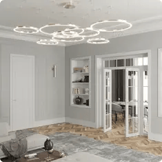 Двери межкомнатные со стеклом белого цвета с классическими вставками в элегантном интерьере.