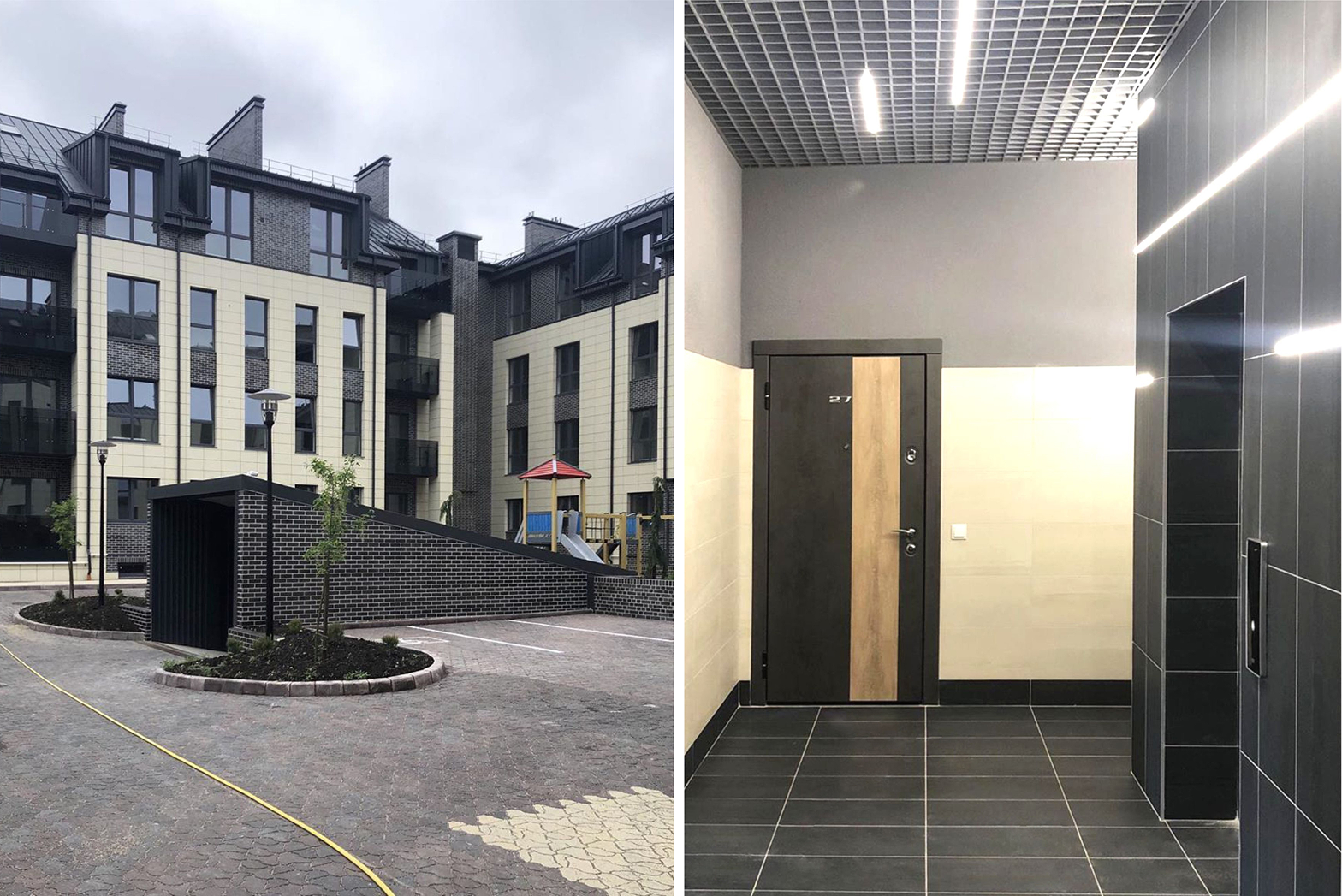 Входные двери в квартиру в современном доме с двухцветным полотном и темной плиткой.