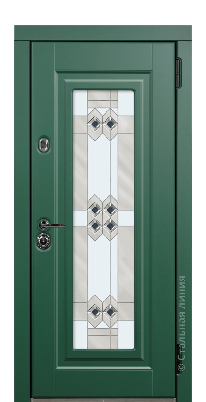Входная дверь с витражом зелёного цвета с монохромной стеклянной вставкой с геометрическим узором.