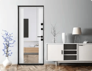 Входные двери с зеркалом в чёрной раме с вертикальными вставками и лаконичным дизайном.