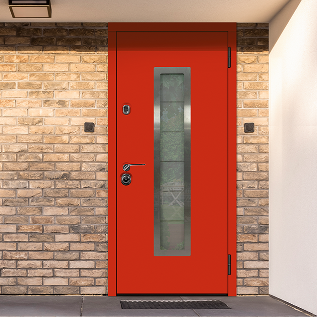 Красная входная дверь в дом с окном | Модель «Бремен» - Стальная линия
