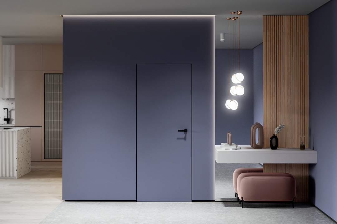 Современный интерьер с межкомнатной дверью под покраску, гармонично встроенной в стену и оформленной в едином цвете.