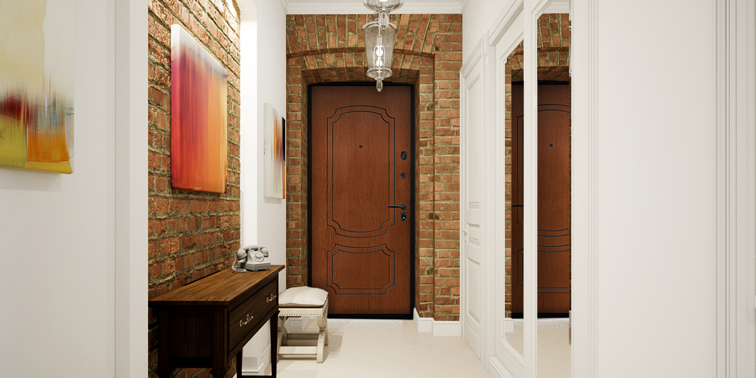 Входная дверь в квартиру с отделкой деревом