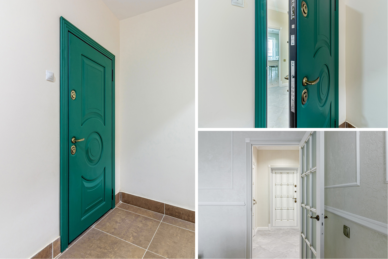 Входные двери в квартиру с глазком и ручкой, выполненные в зелёном цвете с золотыми акцентами.