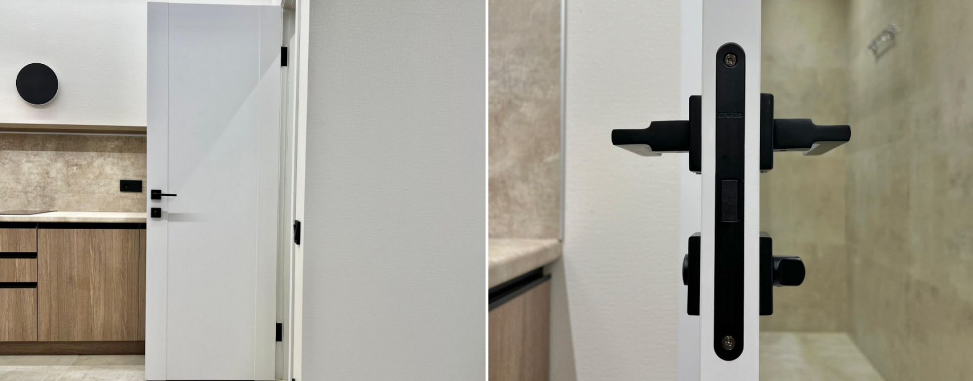 Межкомнатные двери белые с минималистичным дизайном и чёрной фурнитурой в современном интерьере.