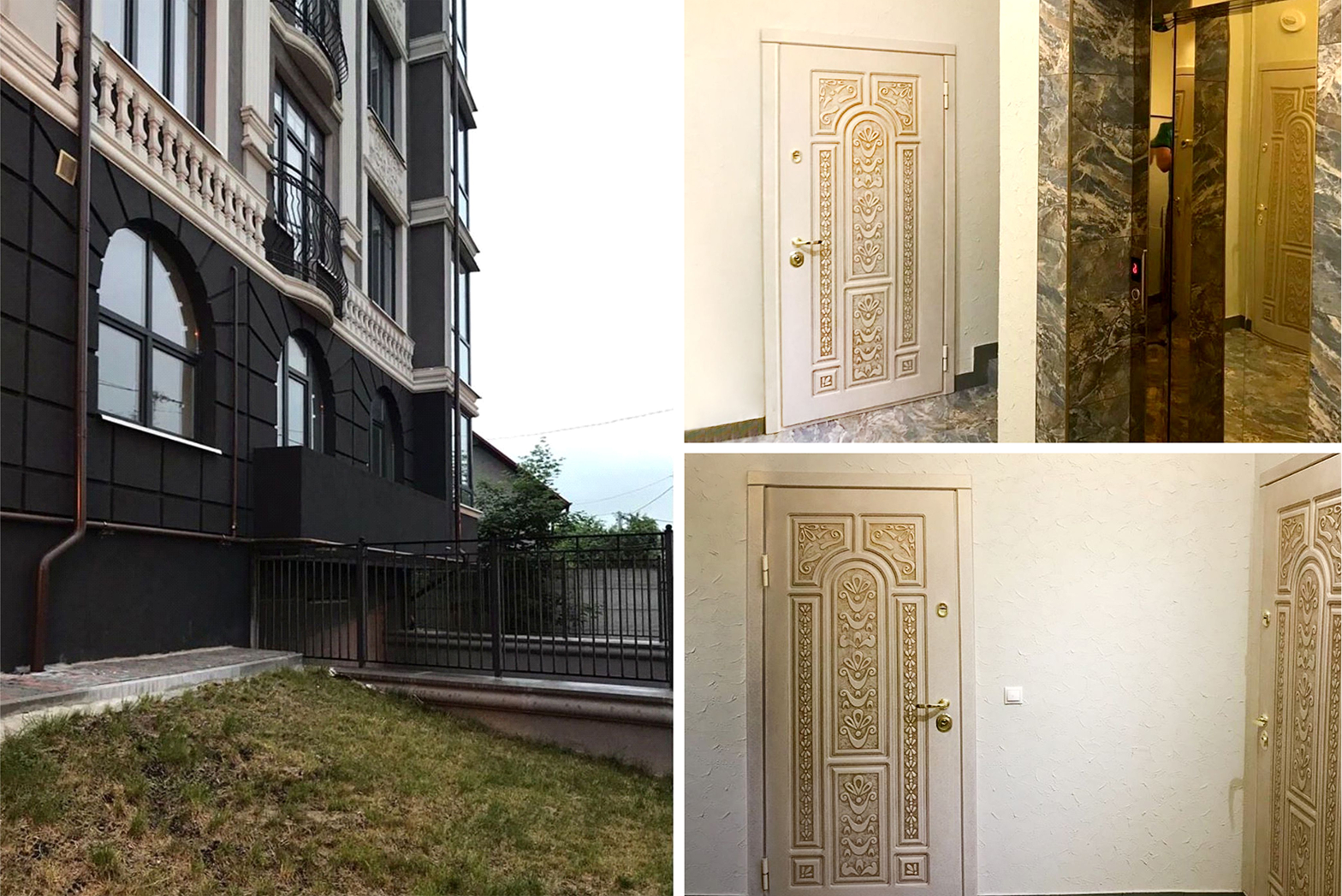 Дверь входная в квартиру с декоративной фрезеровкой, установлена в коридоре жилого комплекса.