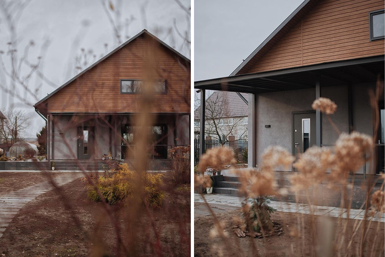 Двери для дома с современным дизайном, установленные на входе и гармонично вписанные в фасад.