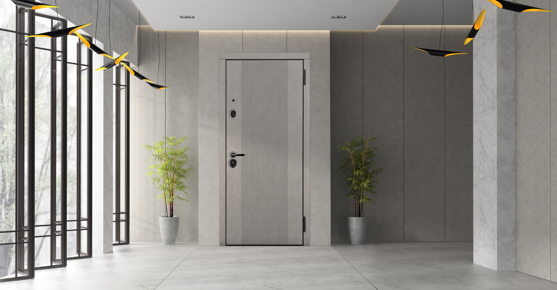 Входная дверь белого цвета с черной фурнитурой в светлом помещении с мраморным полом и растениями.