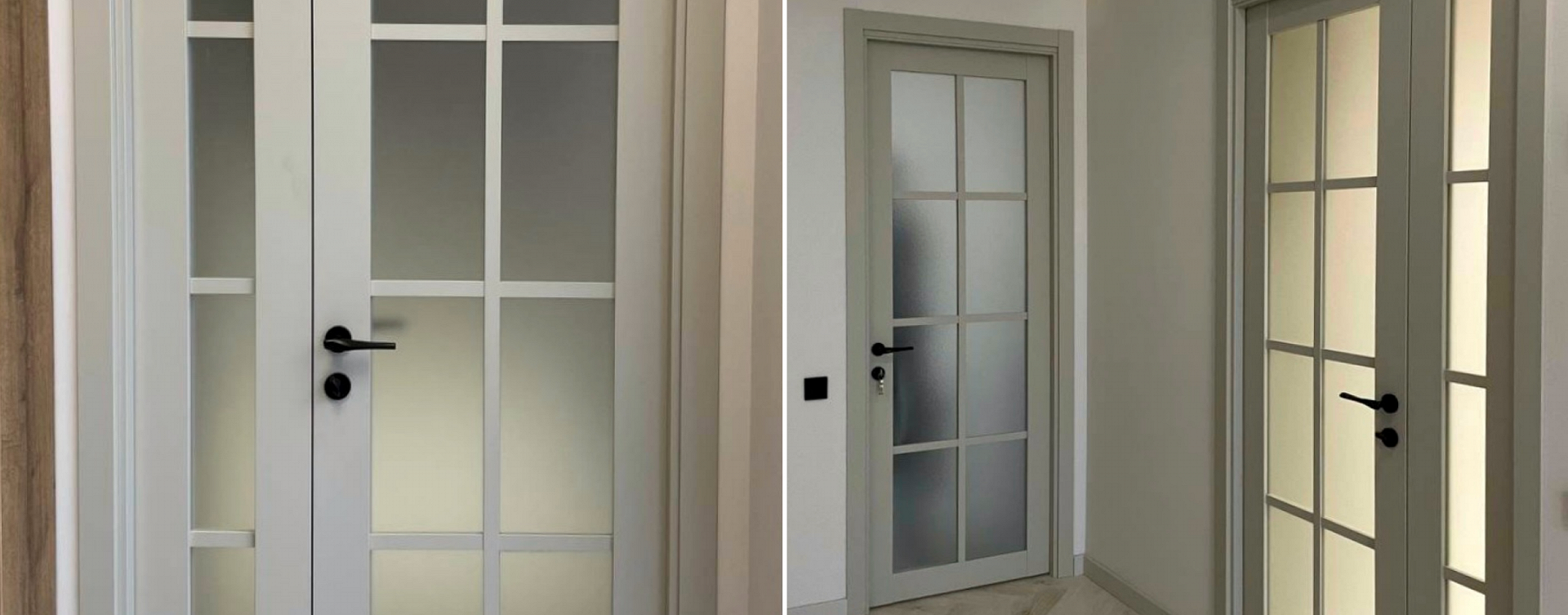 Серые межкомнатные двери с матовыми стеклянными вставками и чёрной фурнитурой в светлом интерьере.