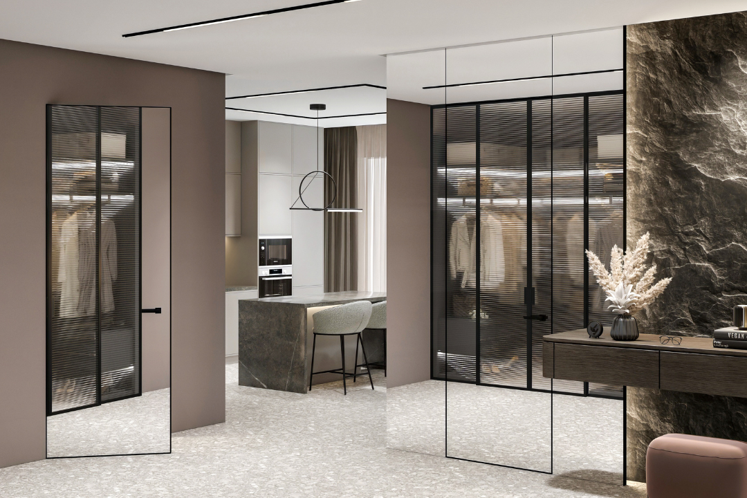 Межкомнатные двери в черных алюминиевых рамах со стеклянными вставками в современном интерьере квартиры.