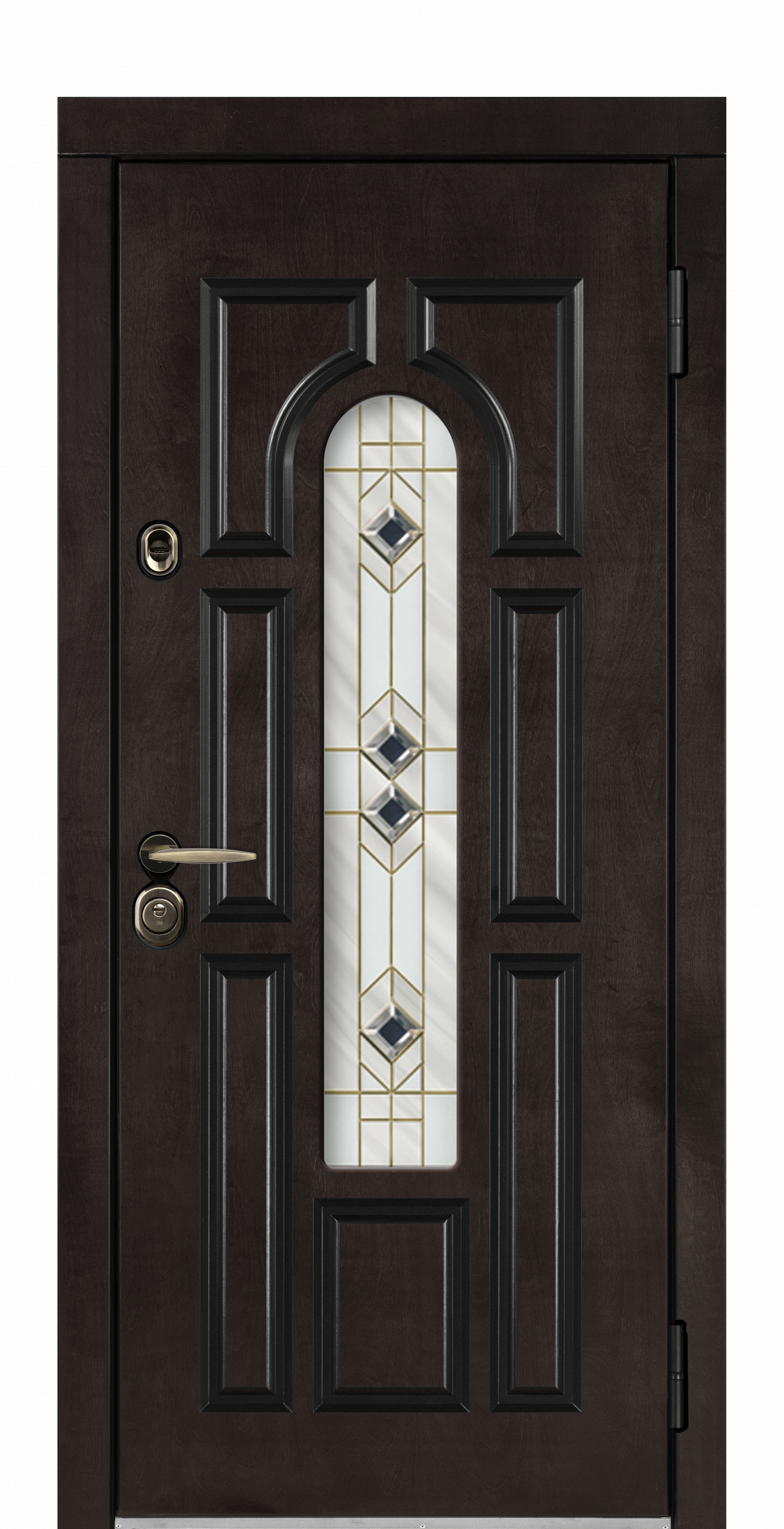 Входная дверь с витражом чёрного цвета с монохромной стеклянной вставкой и геометрическим узором.