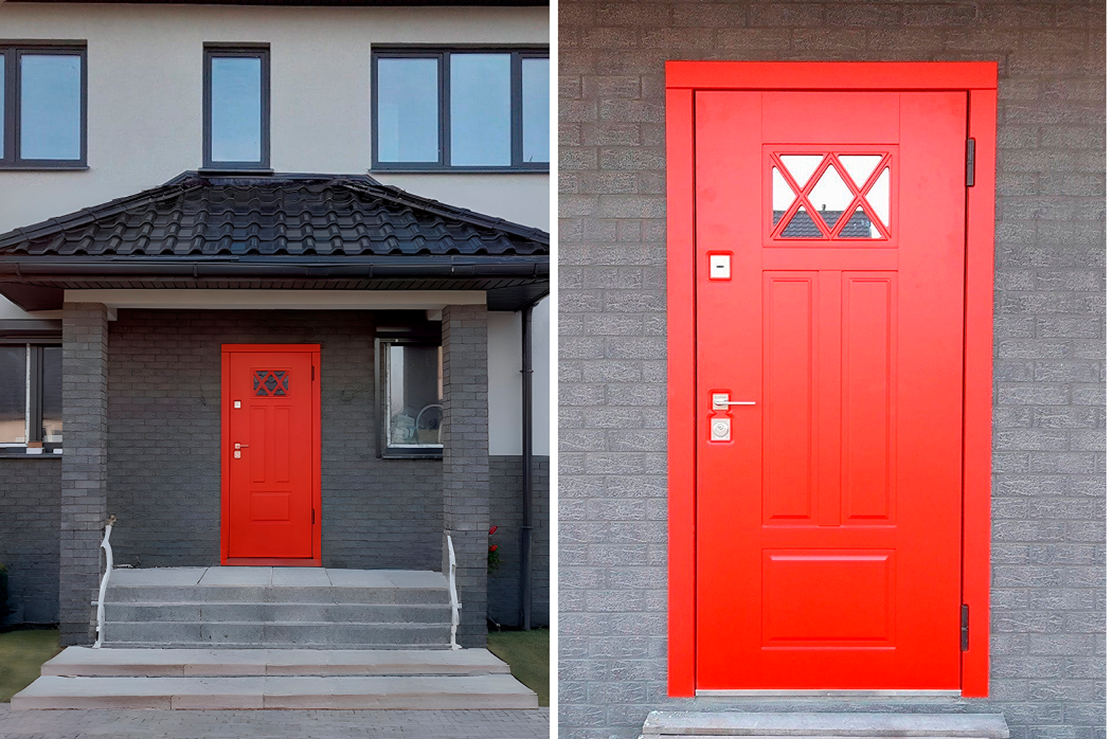 Входные двери в частный дом с ярко-красным полотном и небольшим декоративным верхним окошком.