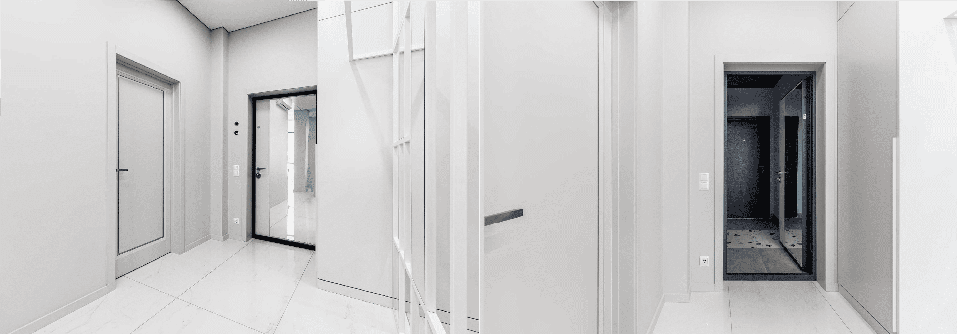 Белые входные двери в современном интерьере с белыми стенами и глянцевым плиточным покрытием.