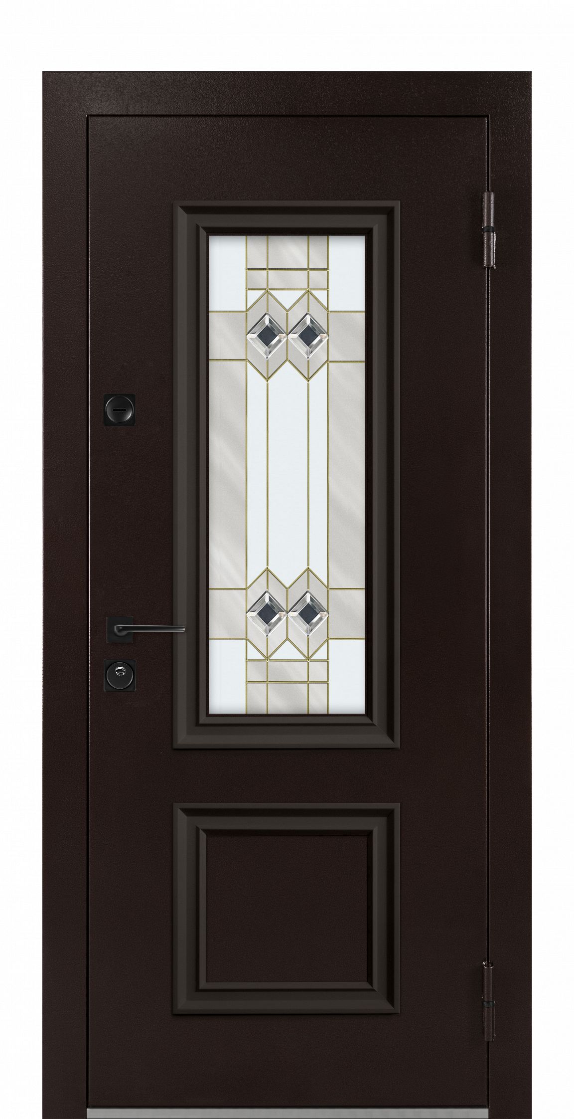 Входная дверь с витражом из тёмного дерева с монохромной стеклянной вставкой с ромбами.