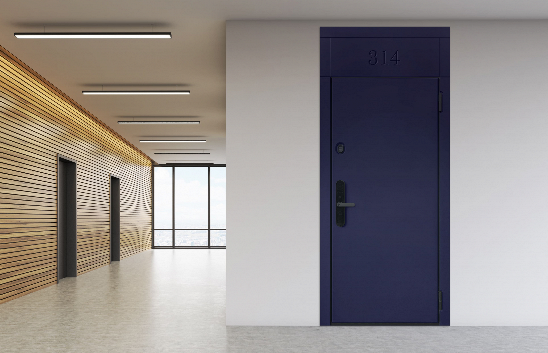 Входная дверь с фальш-панелью — тёмно-синее полотно с вертикальной нумерацией в светлом коридоре.