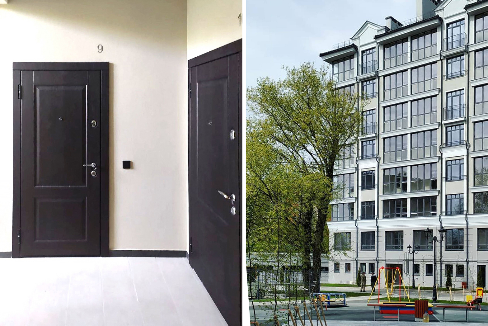 Входные двери в квартиру в жилом комплексе с темными полотнами и бежевыми стенами.