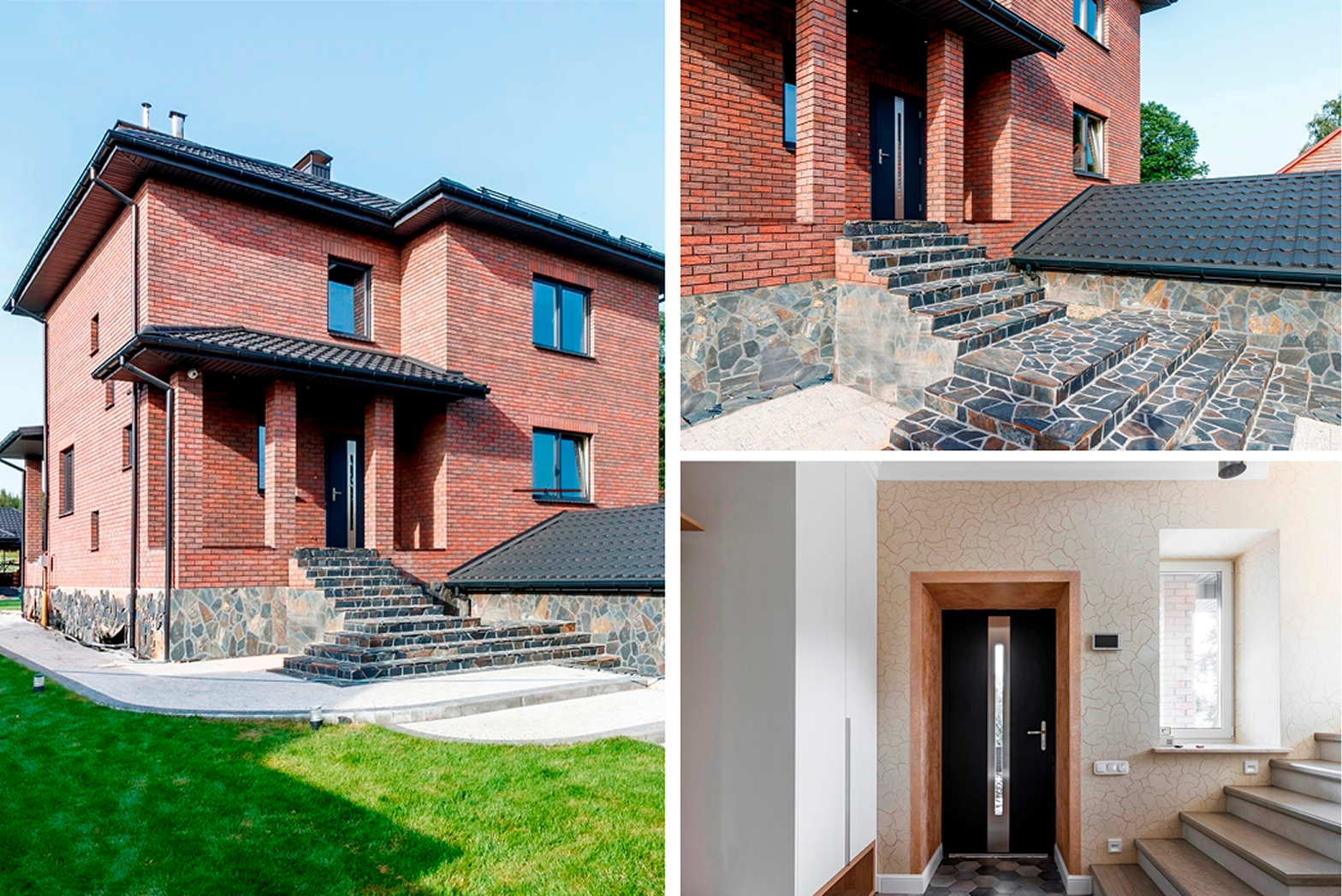 Входные двери в частный дом с чёрным полотном, каменной лестницей и красным кирпичным фасадом.