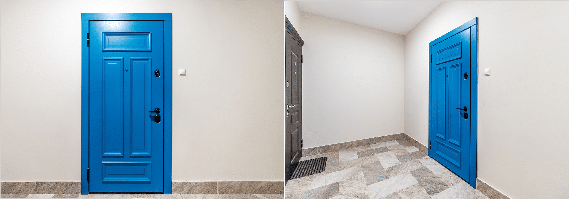 Синяя входная дверь с черной фурнитурой на фоне бежевых стен и плитки в нейтральных тонах.