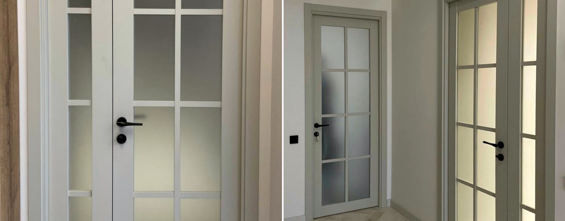 Межкомнатные двери со стеклянными матовыми вставками и чёрными ручками в светлом интерьере.