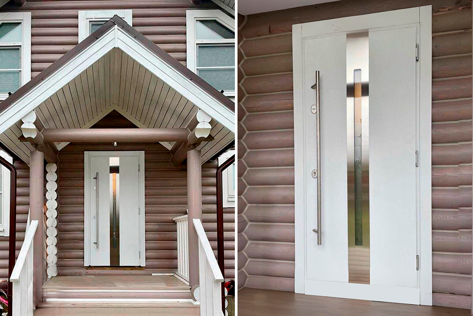 Входные Двери для Частного Дома с белым полотном и вертикальным стеклом на фоне древесной стены.