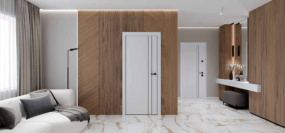 Входная дверь белого цвета — стильный акцент в интерьере с деревянной стеной и мраморным полом.