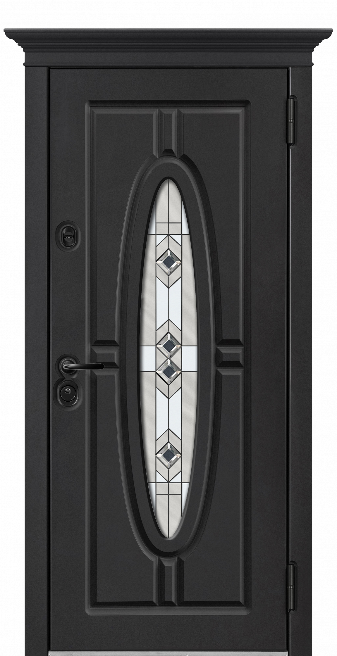 Входная дверь с витражом темного цвета оформлена монохромной овальной стеклянной вставкой.