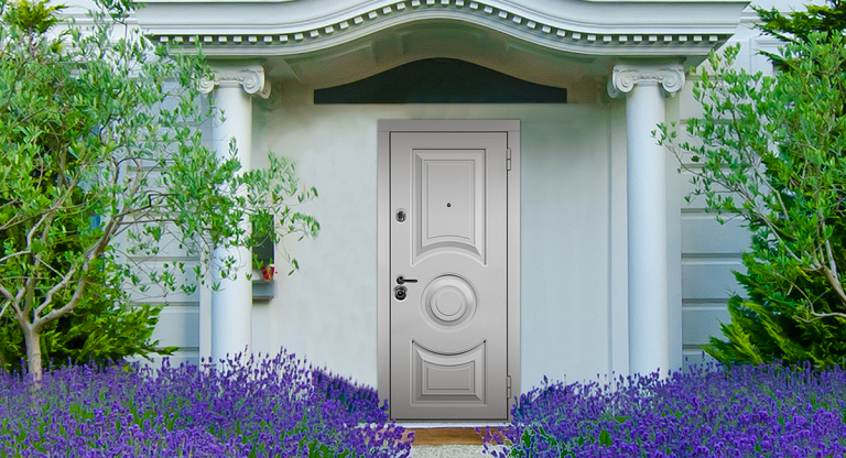 Светлая входная дверь в дом с багетами | Модель «Неаполь» — Стальная линия