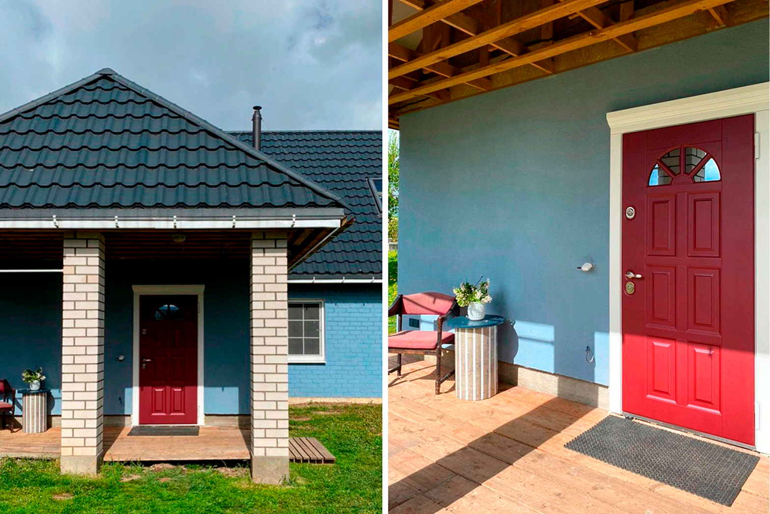 Входные двери в частный дом с акцентным красным цветом и декоративными элементами на крыльце.