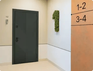 Входные двери с шумоизоляцией в тёмном цвете с лаконичным дизайном на фоне светлой стены.