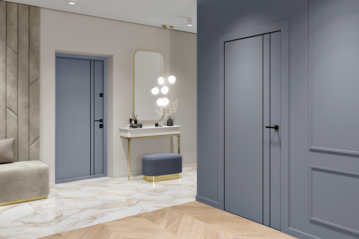 Входная и межкомнатная дверь в одном стиле с чёрной фурнитурой в современном интерьере.