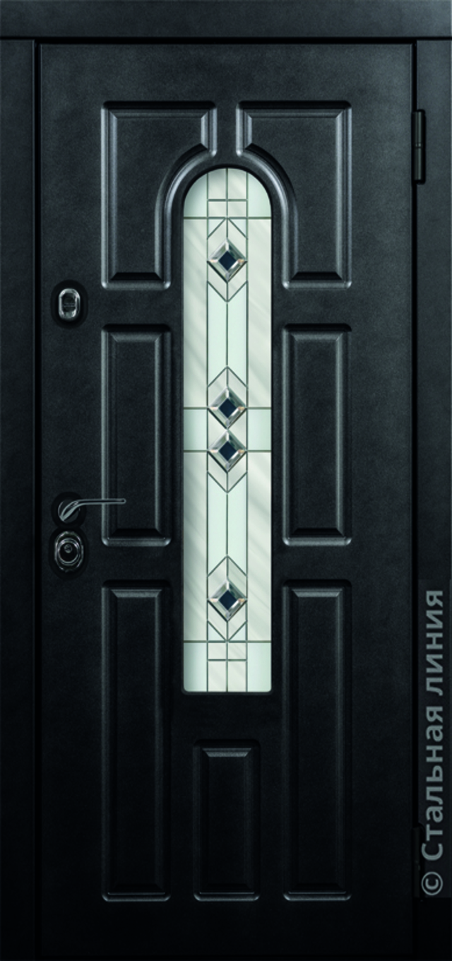 Входная дверь с витражом чёрного цвета с монохромной стеклянной вставкой и геометрическим узором.