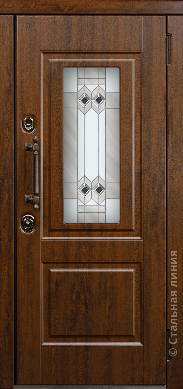 Входная дверь с витражом из тёмного дерева с монохромной стеклянной вставкой с ромбами.