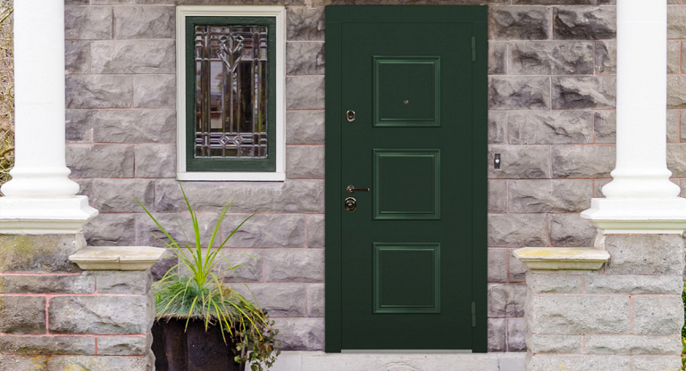 Зеленая входная дверь в дом с багетами | Модель «Аркада» — Стальная линия