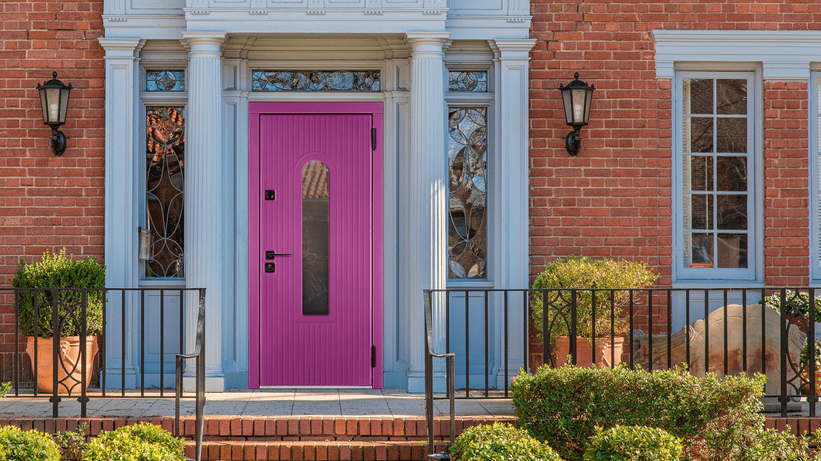Розовая входная дверь в дом