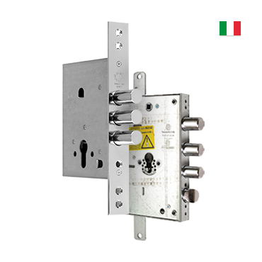 Замок врезной для входной двери Securemme с роторным механизмом и девиаторами для усиленной защиты.