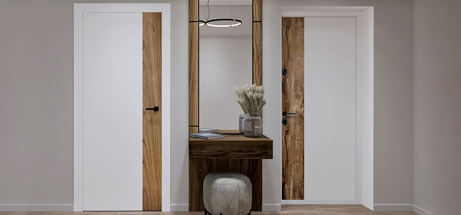 Белые входные двери с деревянными вставками — современный интерьер с консолью и зеркалом.