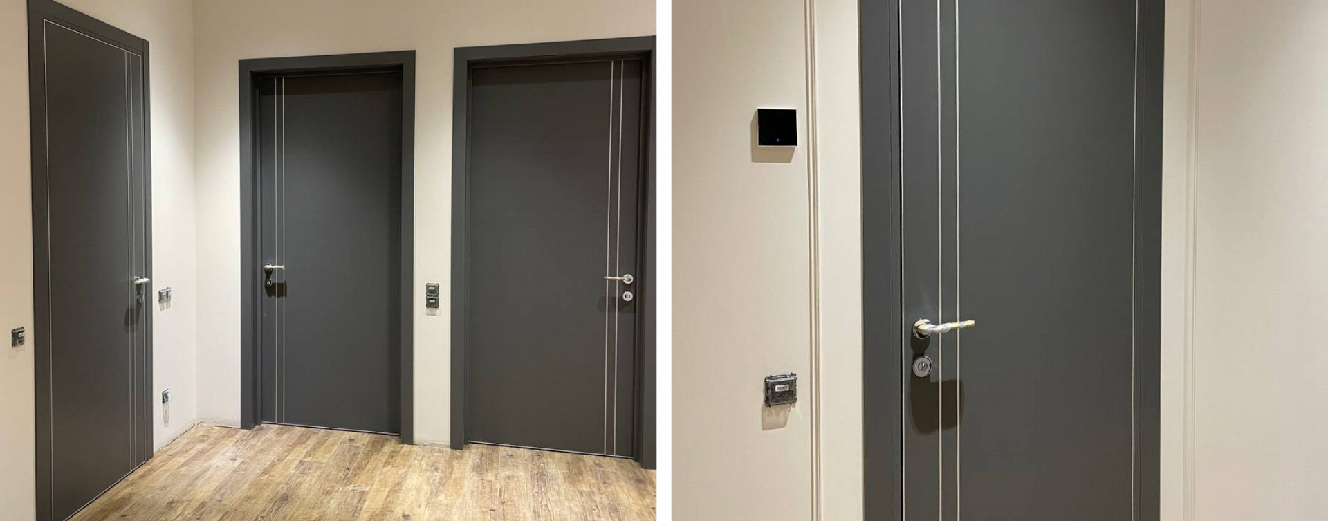 Межкомнатные двери серые с вертикальными акцентами и серебристыми ручками на фоне светлых стен.