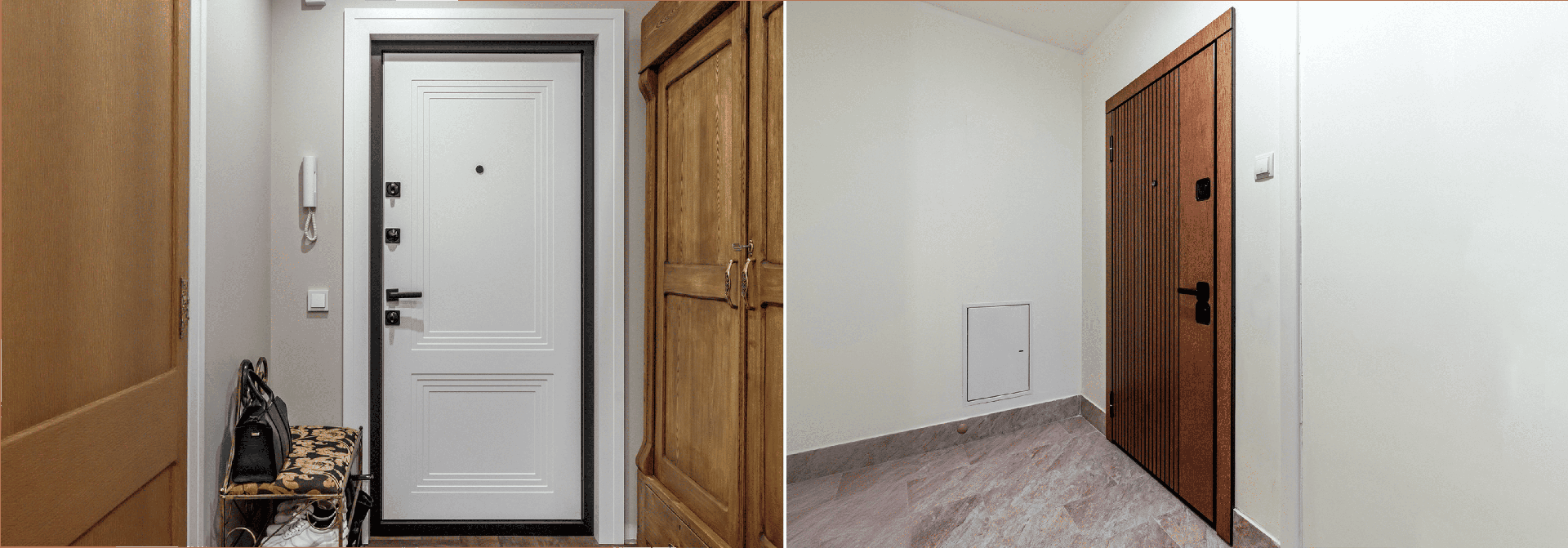 Входная дверь в квартиру, расположенная в прихожей с белыми стенами и мраморным полом. 