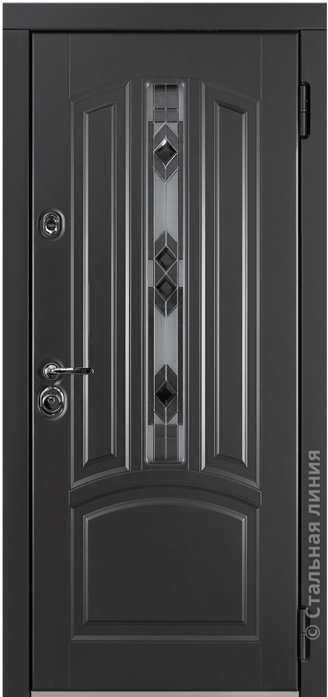 Входная дверь с витражом темного цвета из монохромного стекла в центре металлической конструкции.